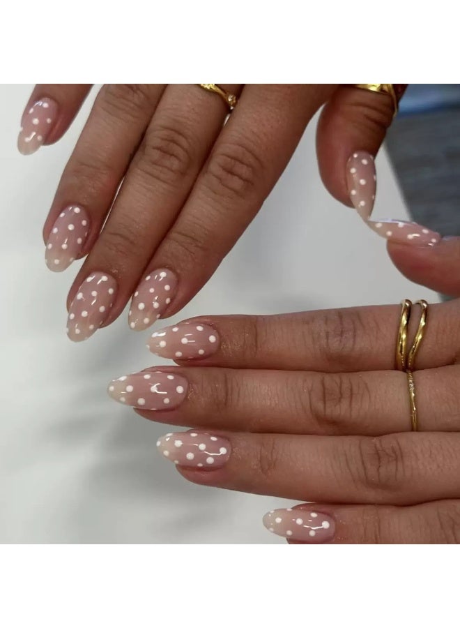جوسكوين أظافر صناعية 24 قطعة، ذات شكل دائري قصير وتصميم منقوش بنقاط بيضاء، مجموعة من 24 قطعة فنية منعشة، مثالية للارتداء اليومي. أظافر أكريليك مع مجموعة لاصقة. - Image 1