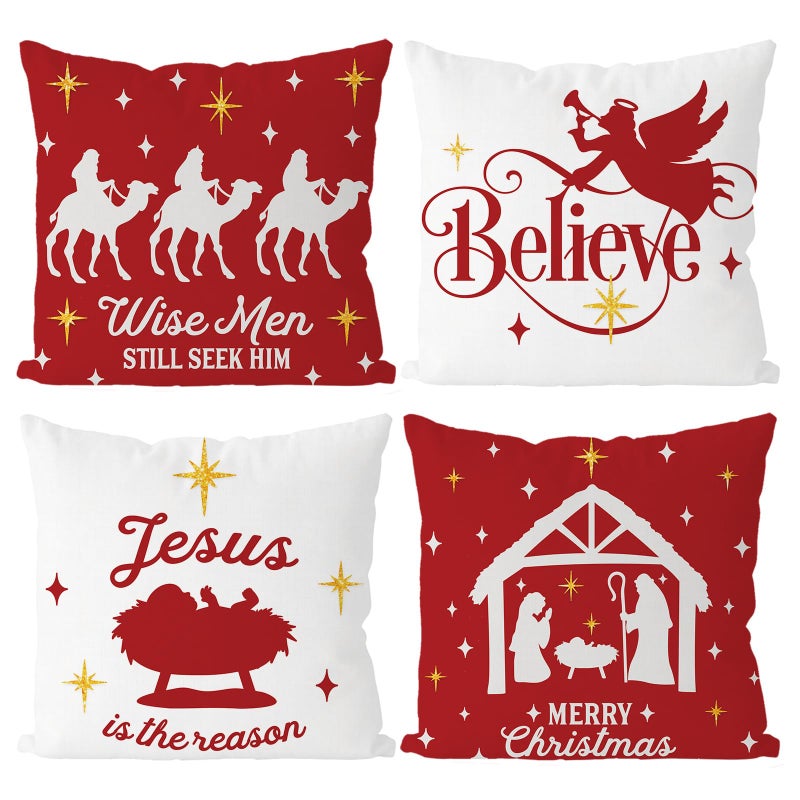 GAGEC Christmas Pillow Covers 20x20 Inch Set of 4 Navitity Religious Throw Pillow Covers Red And White Christmas Xmas Winter Pillowcase Home Decor Living Room House Decorative Cushion Case for Sofa Couch - Image 1