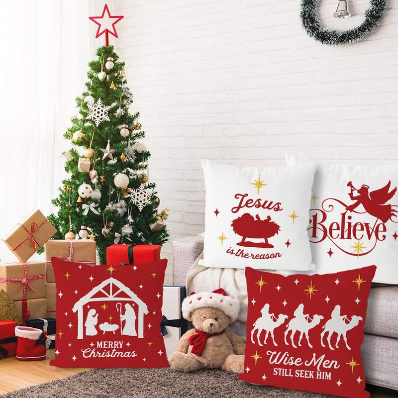 GAGEC Christmas Pillow Covers 20x20 Inch Set of 4 Navitity Religious Throw Pillow Covers Red And White Christmas Xmas Winter Pillowcase Home Decor Living Room House Decorative Cushion Case for Sofa Couch - Image 3