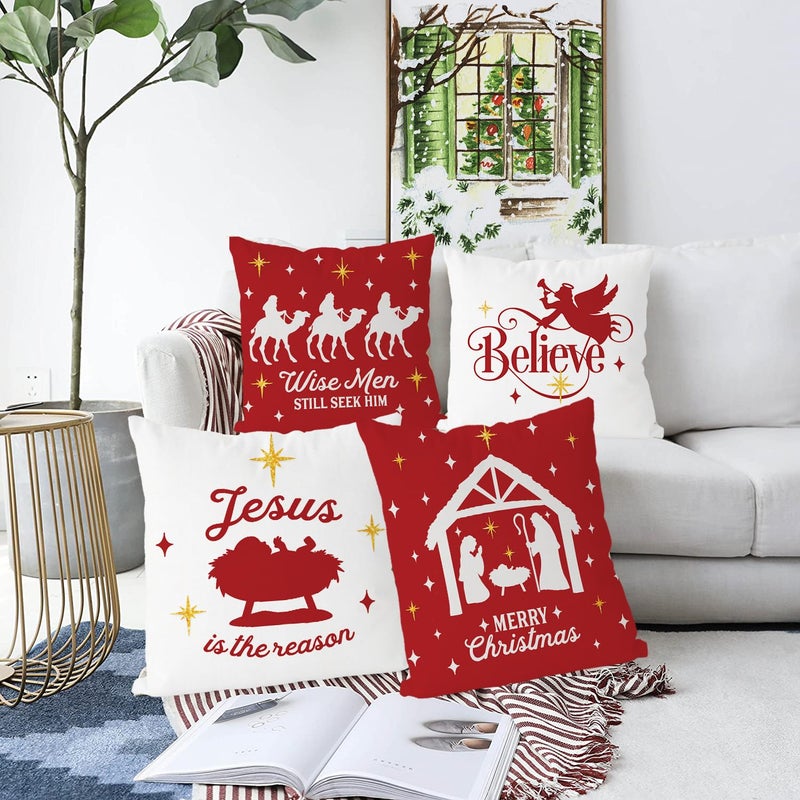GAGEC Christmas Pillow Covers 20x20 Inch Set of 4 Navitity Religious Throw Pillow Covers Red And White Christmas Xmas Winter Pillowcase Home Decor Living Room House Decorative Cushion Case for Sofa Couch - Image 2