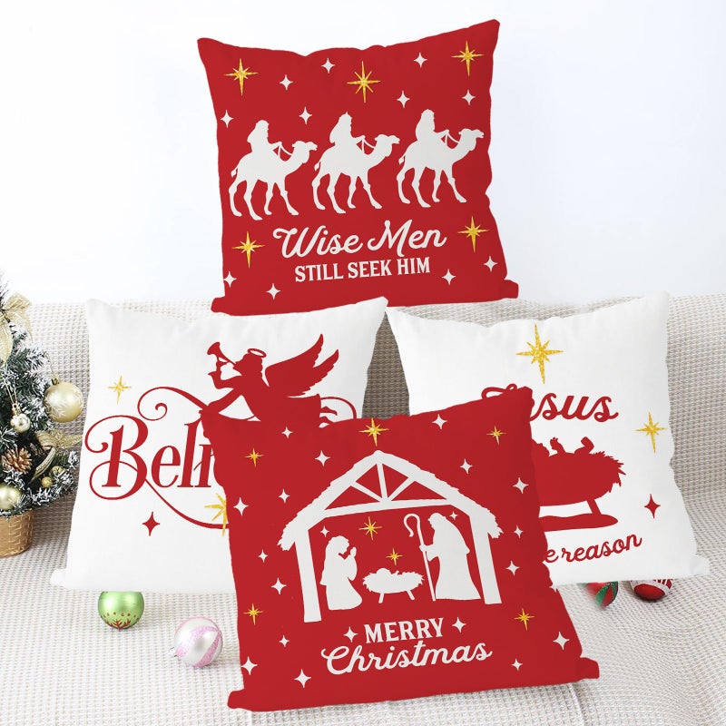 GAGEC Christmas Pillow Covers 20x20 Inch Set of 4 Navitity Religious Throw Pillow Covers Red And White Christmas Xmas Winter Pillowcase Home Decor Living Room House Decorative Cushion Case for Sofa Couch - Image 4