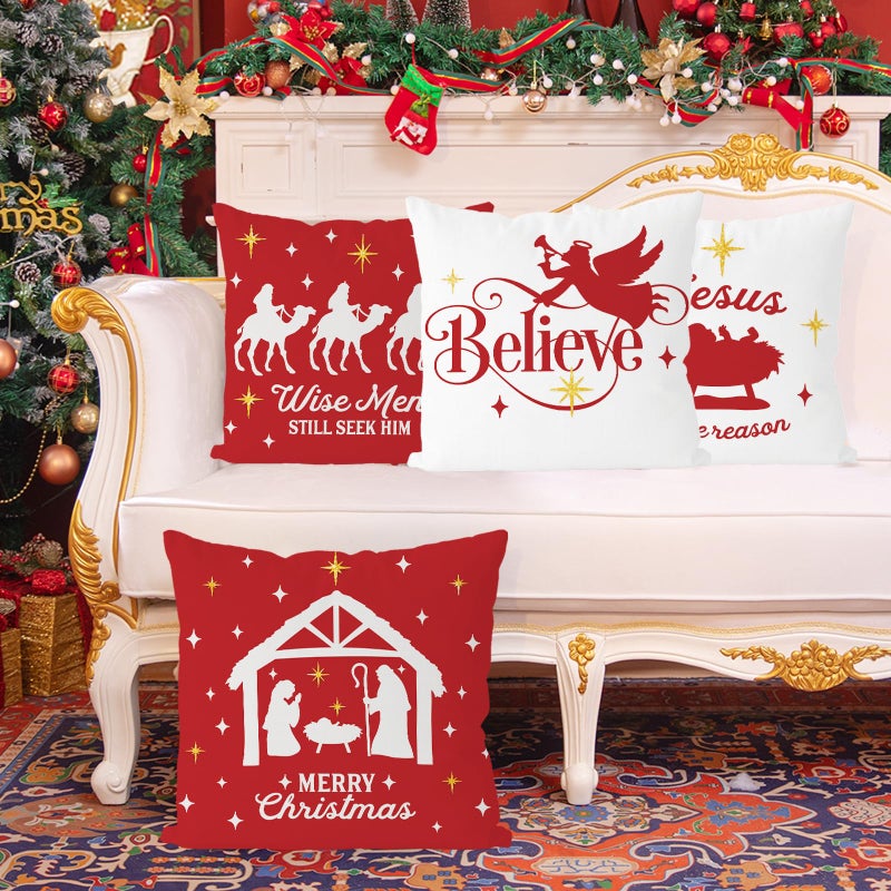 GAGEC Christmas Pillow Covers 20x20 Inch Set of 4 Navitity Religious Throw Pillow Covers Red And White Christmas Xmas Winter Pillowcase Home Decor Living Room House Decorative Cushion Case for Sofa Couch - Image 5