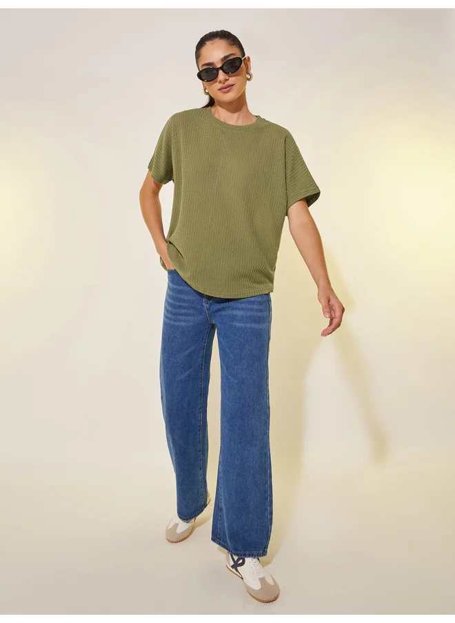 Take Two Take Two Walf Textured Round Neck Oversized T-Shirt