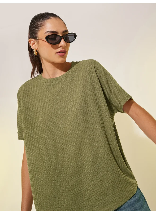 Take Two Take Two Walf Textured Round Neck Oversized T-Shirt