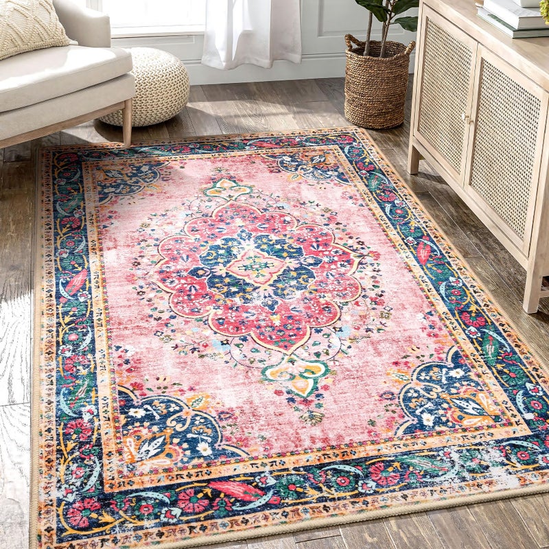YesRug Boho Rug 3x5 Pink Small Area Rug Washable Vintage Rug for Kitchen Living Room Bedroom Bathroom Office Low Pile Non Slip Indoor Floor Carpet - Image 1