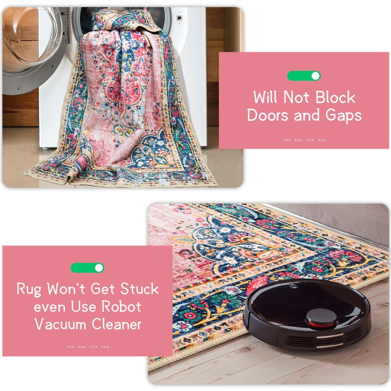 YesRug Boho Rug 3x5 Pink Small Area Rug Washable Vintage Rug for Kitchen Living Room Bedroom Bathroom Office Low Pile Non Slip Indoor Floor Carpet - Image 2