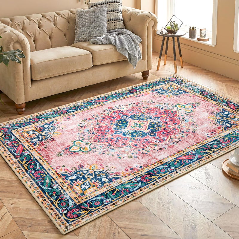 YesRug Boho Rug 3x5 Pink Small Area Rug Washable Vintage Rug for Kitchen Living Room Bedroom Bathroom Office Low Pile Non Slip Indoor Floor Carpet - Image 5