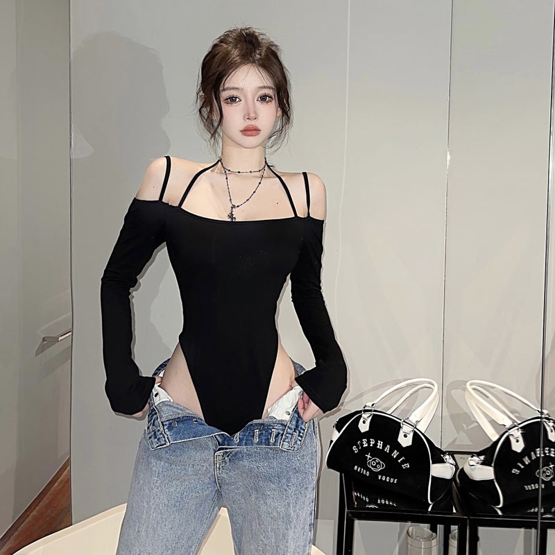 Ram Cotton European Goods Suspenders Backless Girls Black Long Sleeve Suspenders Jumpsuit T-Shirt Women'S Early Autumn Strapless Top - Image 4