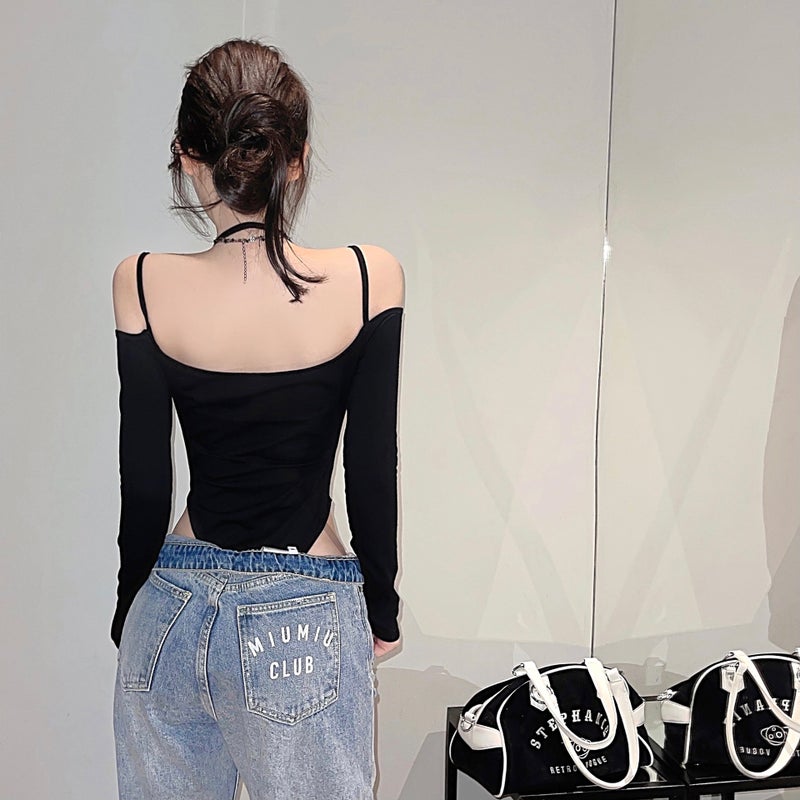 Ram Cotton European Goods Suspenders Backless Girls Black Long Sleeve Suspenders Jumpsuit T-Shirt Women'S Early Autumn Strapless Top - Image 3