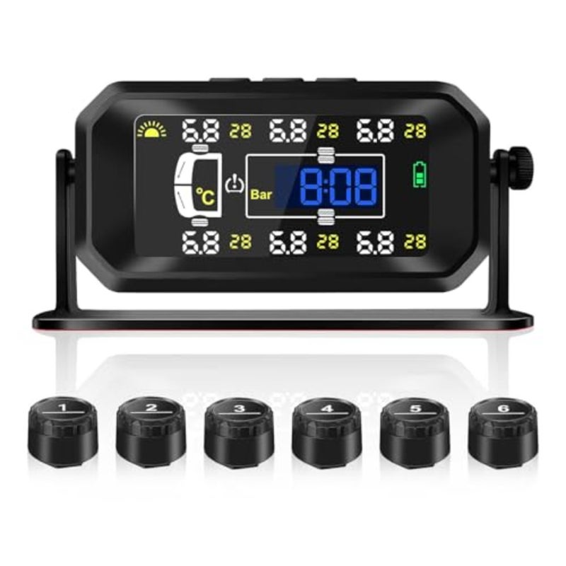 نظام مراقبة ضغط الإطارات، شاحن لاسلكي بالطاقة الشمسية RV TPMS مع 6 أجهزة استشعار، لشاحنة مقطورة السفر RV، منزل متنقل ذو عجلة خامسة، مراقبة الضغط ودرجة الحرارة في الوقت الحقيقي - Image 1