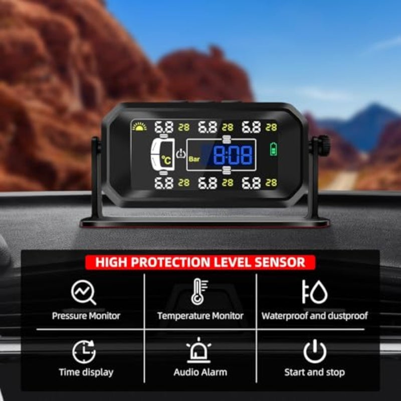 نظام مراقبة ضغط الإطارات، شاحن لاسلكي بالطاقة الشمسية RV TPMS مع 6 أجهزة استشعار، لشاحنة مقطورة السفر RV، منزل متنقل ذو عجلة خامسة، مراقبة الضغط ودرجة الحرارة في الوقت الحقيقي - Image 2