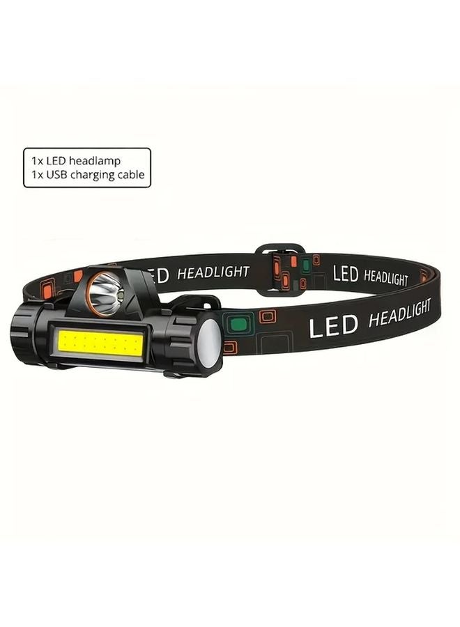 Black Portable USB Rechargeable LED Headlamp COB Light 3 Modes Adjustable Brightness - Image 1