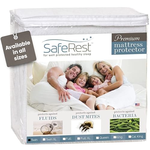 SafeRest Waterproof Twin Size Mattress Protector  Fitted with Stretchable Pockets  Machine Washable Cotton Mattress Cover for Bed