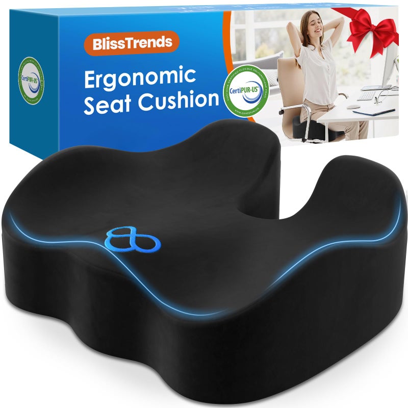 BlissTrends Seat Cushion,5.2in Thick Memory Foam Cushions for Office Chair, Car Seat, Airplane, Relieving Pressure Tailbone Sciatica Back Pain for Long Sitting Office Workers, Car Drivers Black - Image 1
