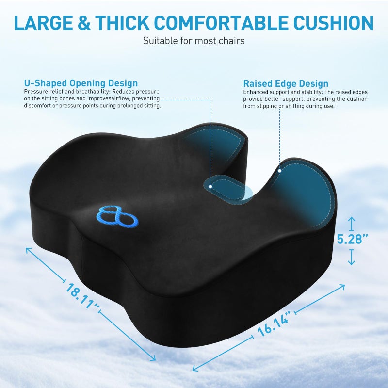 BlissTrends Seat Cushion,5.2in Thick Memory Foam Cushions for Office Chair, Car Seat, Airplane, Relieving Pressure Tailbone Sciatica Back Pain for Long Sitting Office Workers, Car Drivers Black - Image 2