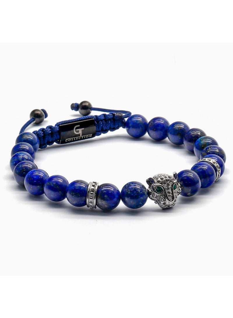 Lunnora Men's LAPIS LAZULI Bracelet With Silver LEOPARD Head | Gift for Men | Used for Its Grounding Effects | 100% Natural | Adjustable Gemstones Beaded Bracelet for Men | One Size Fits All - Image 4