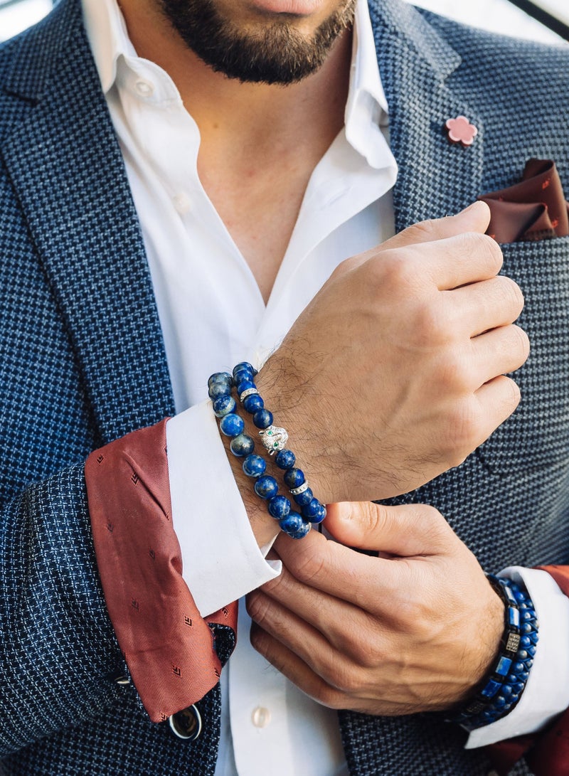 Lunnora Men's LAPIS LAZULI Bracelet With Silver LEOPARD Head | Gift for Men | Used for Its Grounding Effects | 100% Natural | Adjustable Gemstones Beaded Bracelet for Men | One Size Fits All - Image 5