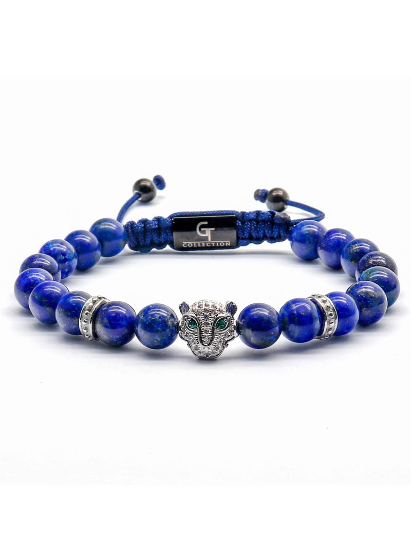 Lunnora Men's LAPIS LAZULI Bracelet With Silver LEOPARD Head | Gift for Men | Used for Its Grounding Effects | 100% Natural | Adjustable Gemstones Beaded Bracelet for Men | One Size Fits All - Image 2