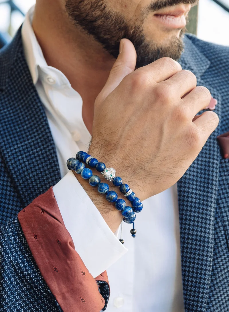Lunnora Lapis Lazuli Beads Handmade Natural Stone Bead Bracelet – Bracelet for Men, Men’s Bracelet, Gifts for Men, Bracelets for Men – With Silver Leopard Head, Adjustable One Size Fits All