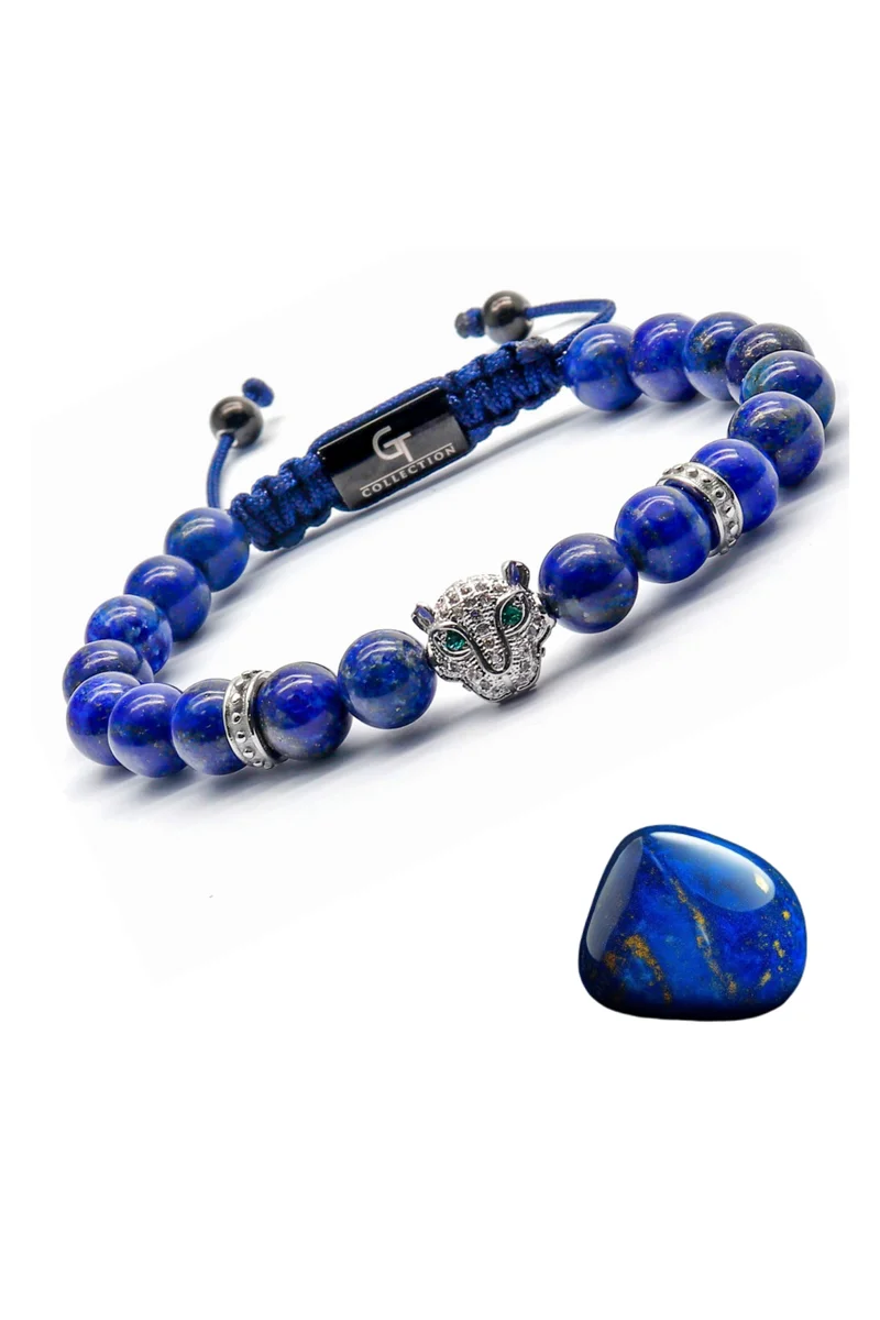 Lunnora Lapis Lazuli Beads Handmade Natural Stone Bead Bracelet – Bracelet for Men, Men’s Bracelet, Gifts for Men, Bracelets for Men – With Silver Leopard Head, Adjustable One Size Fits All
