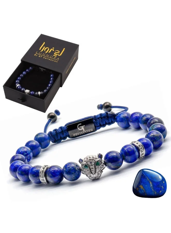 لونورا خرز اللازورد سوار خرز من الحجر الطبيعي مصنوع يدويًا – سوار للرجال، سوار رجالي، هدية للرجال، أساور للرجال – مع رأس فهد فضي، قابل للتعديل بمقاس واحد للجميع