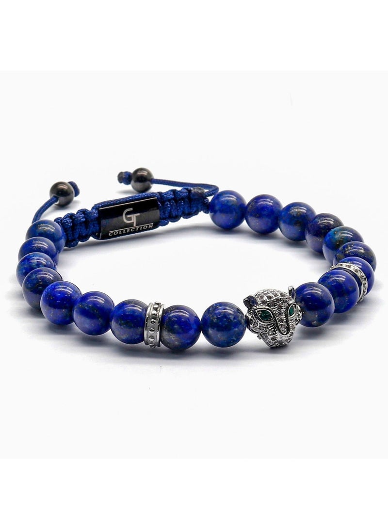 Lunnora Lapis Lazuli Beads Handmade Natural Stone Bead Bracelet – Bracelet for Men, Men’s Bracelet, Gifts for Men, Bracelets for Men – With Silver Leopard Head, Adjustable One Size Fits All - Image 5