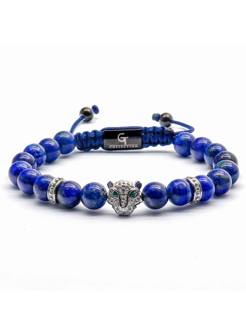 Lunnora Lapis Lazuli Beads Handmade Natural Stone Bead Bracelet – Bracelet for Men, Men’s Bracelet, Gifts for Men, Bracelets for Men – With Silver Leopard Head, Adjustable One Size Fits All - Image 3