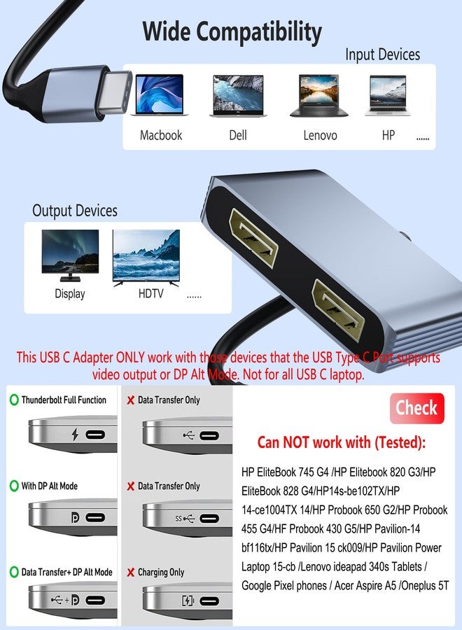 Closs DisplayPort Splitter for Dual Monitors, 4K@60Hz USB-C to DisplayPort Adapter, Type-C Docking Station for Dell/HP/Mac, Display Port MST Hub with USB3.0/PD, Display Port Splitter for Dual Monitors - Image 2