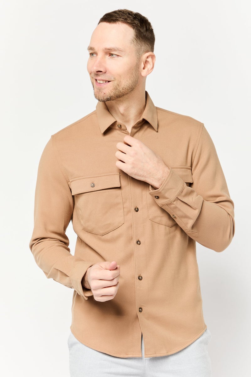 Celio Men Regular Fit Solid Long Sleeves Casual Shirt, Light Brown - Image 1