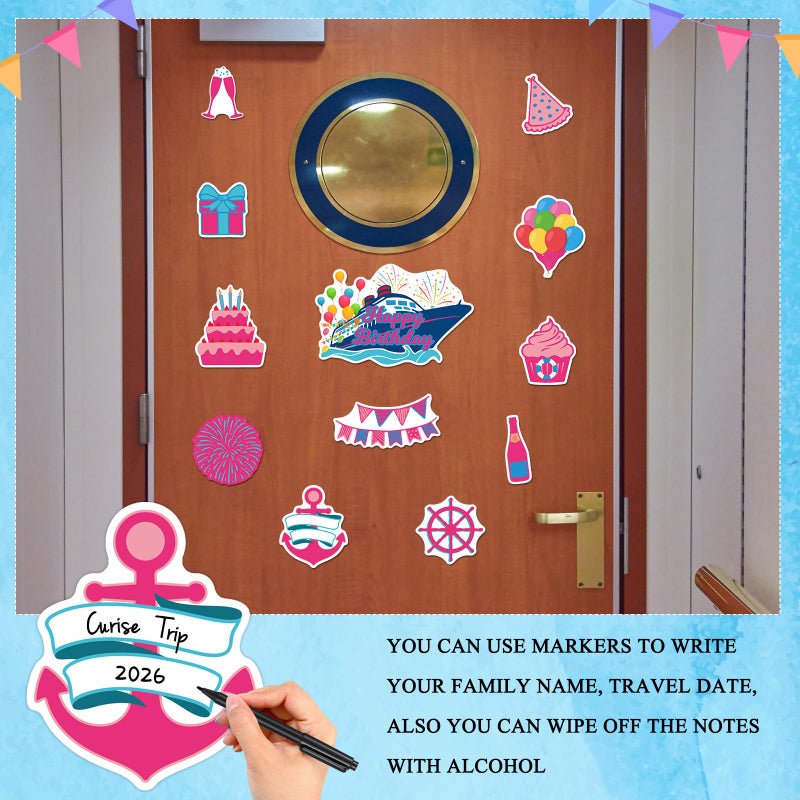LEIFIDE 12 Pcs Cruise Door Decorations Magnetic Ocean Car Magnets Cruise Door Magnet Stickers Decorations Ocean Fridge Decor for Carnival Refrigerator (Pink and Blue,Happy Birthday) - Image 3