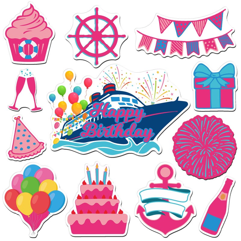 LEIFIDE 12 Pcs Cruise Door Decorations Magnetic Ocean Car Magnets Cruise Door Magnet Stickers Decorations Ocean Fridge Decor for Carnival Refrigerator (Pink and Blue,Happy Birthday) - Image 1