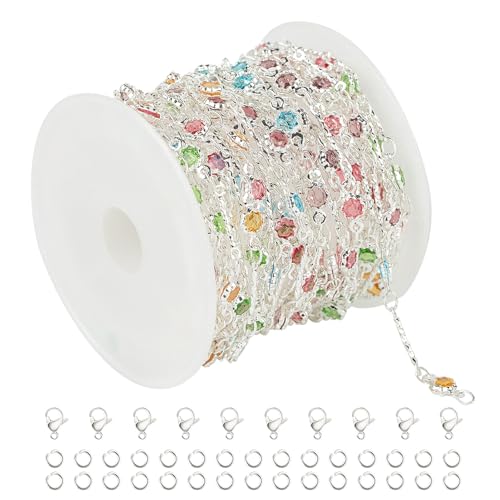 UMAOKANG 16.4 Feet Colorful Crystal Necklace Chain for Jewelry Making Silver Plated Brass Bar Chain Roll with Jump Rings and Lobster Clasps - Image 1