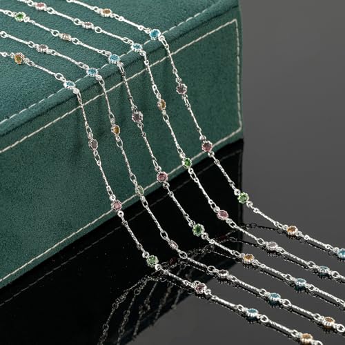 UMAOKANG 16.4 Feet Colorful Crystal Necklace Chain for Jewelry Making Silver Plated Brass Bar Chain Roll with Jump Rings and Lobster Clasps - Image 4