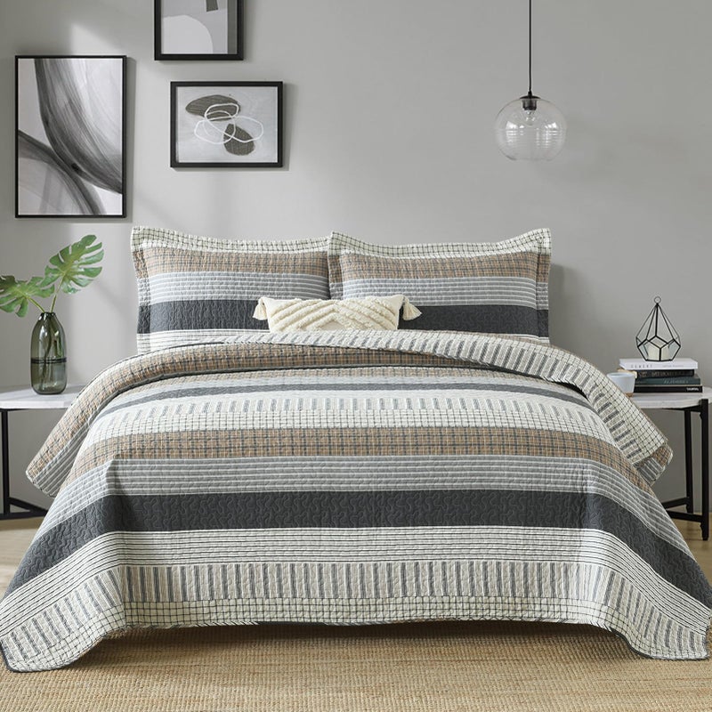 Finlonte Queen Size Quilt Set, 100% Cotton, Grey Striped Reversible Lightweight Soft Quilted Comforter Set for All Season, 3-Piece - Image 1