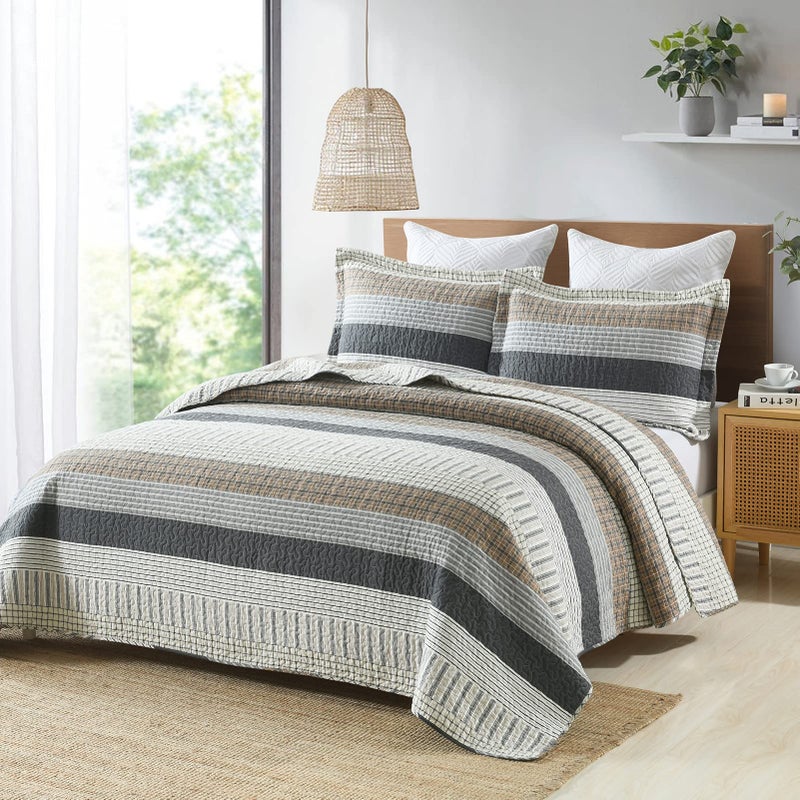 Finlonte Queen Size Quilt Set, 100% Cotton, Grey Striped Reversible Lightweight Soft Quilted Comforter Set for All Season, 3-Piece - Image 3