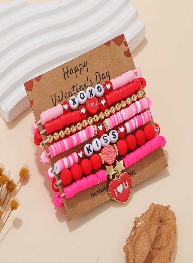 KZL Holiday Heishi Surfer Bracelet Set for Women Valentine's Day Beaded Stretch Bracelets Love Heart Stackable Charm Bracelets Gold Beaded Polymer Clay Stackable Bracelets Party Y2k Jewelry-Set 6 - Image 2