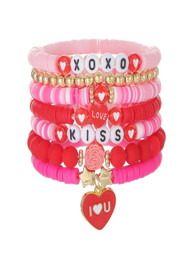 KZL Holiday Heishi Surfer Bracelet Set for Women Valentine's Day Beaded Stretch Bracelets Love Heart Stackable Charm Bracelets Gold Beaded Polymer Clay Stackable Bracelets Party Y2k Jewelry-Set 6 - Image 1