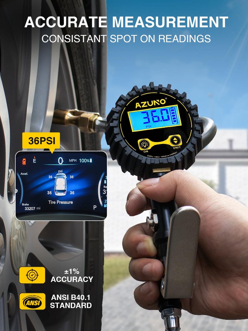 AZUNO Digital Tire Inflator with Pressure Gauge, 200 PSI, Heavy Duty Air Compressor Accessories, Comes with a Portable Carrying Box - Image 2