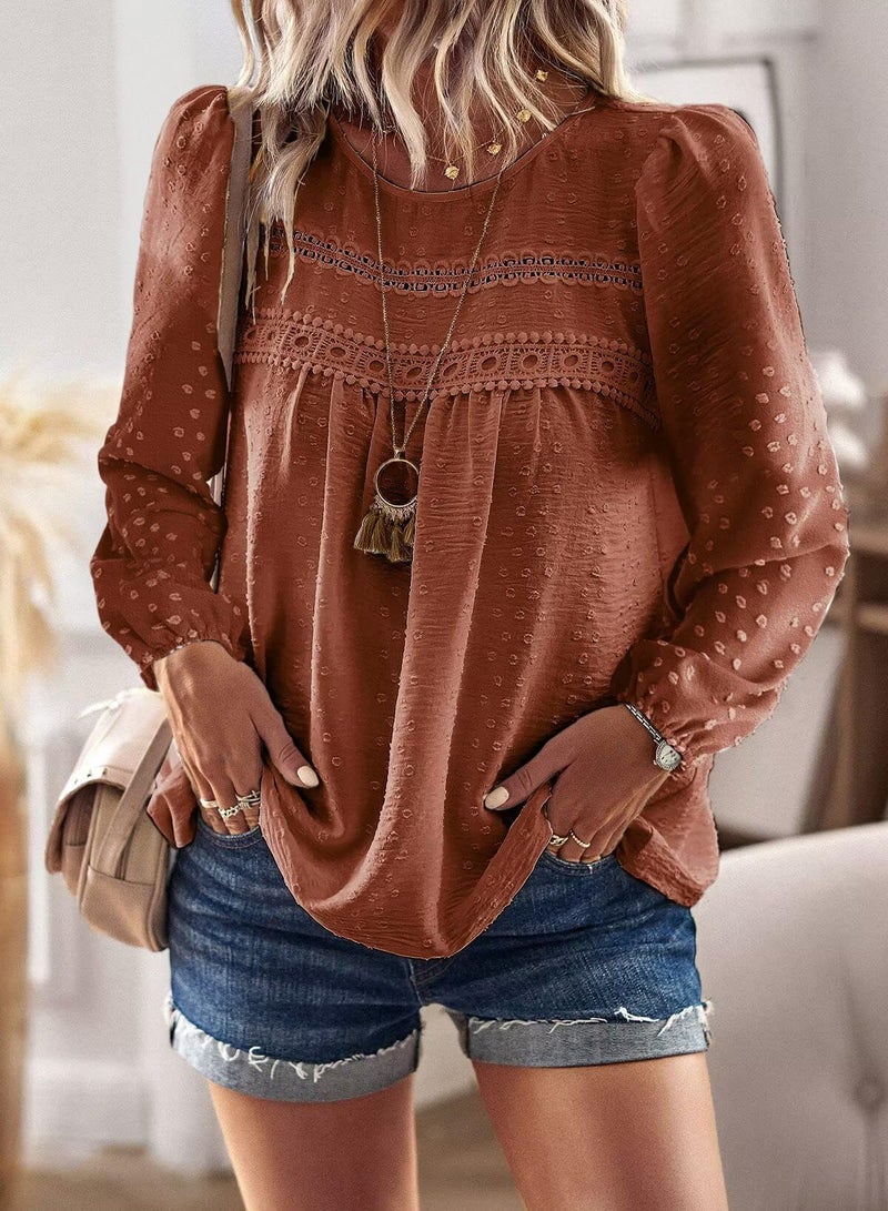 Falechay Orange Tops Crew Neck Long Sleeve Tunic Shirts Flowy Spring Shirts for Women Tassel Trendy Dressy Blouses Loose Babydoll Oversized Clothes M - Image 5