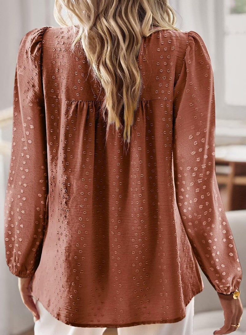 Falechay Orange Tops Crew Neck Long Sleeve Tunic Shirts Flowy Spring Shirts for Women Tassel Trendy Dressy Blouses Loose Babydoll Oversized Clothes M - Image 3
