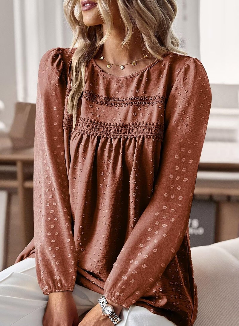 Falechay Orange Tops Crew Neck Long Sleeve Tunic Shirts Flowy Spring Shirts for Women Tassel Trendy Dressy Blouses Loose Babydoll Oversized Clothes M - Image 2
