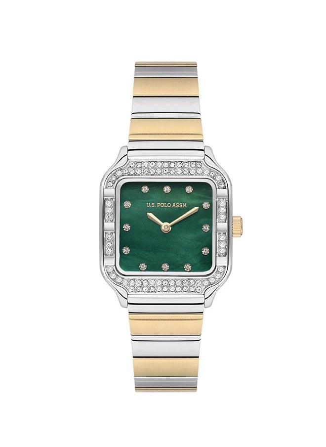 U.S. Polo Assn. U.S. Polo Assn. Stile Ladies' 28x34mm Watch with Forest Green Mother-of-Pearl Dial, Diamond Accents & Two-Tone Gold/Silver Stainless Steel Band - USPA2100-04, Effortless Elegance  - Image 1