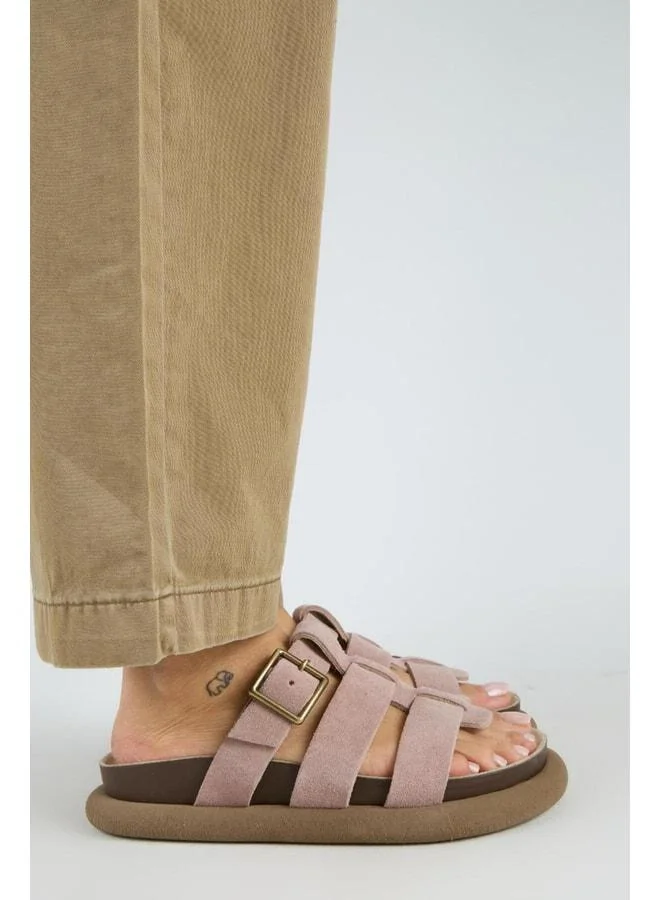 (Hicks) Women's Genuine Leather Buckle Banded Powder Slippers.