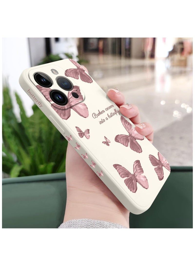 حافظة لهاتف iPhone 14 Pro Max بنمط فراشة فضائية وزهور وبطانة داخلية من الألياف الدقيقة المقاومة للخدوش، تصميم رقيق يحمي الهاتف من البصمات، حافظة سيليكونية ناعمة مناسبة لهاتف 14 Pro Max باللون الأبيض. - Image 3