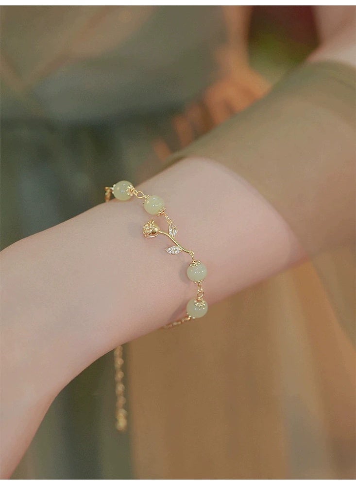 Goolsky 1pc rose flower thin chain bracelet Adjustable Length Faux Jade Smooth Contrast Color Luxury Good Luck Bangle - Image 1