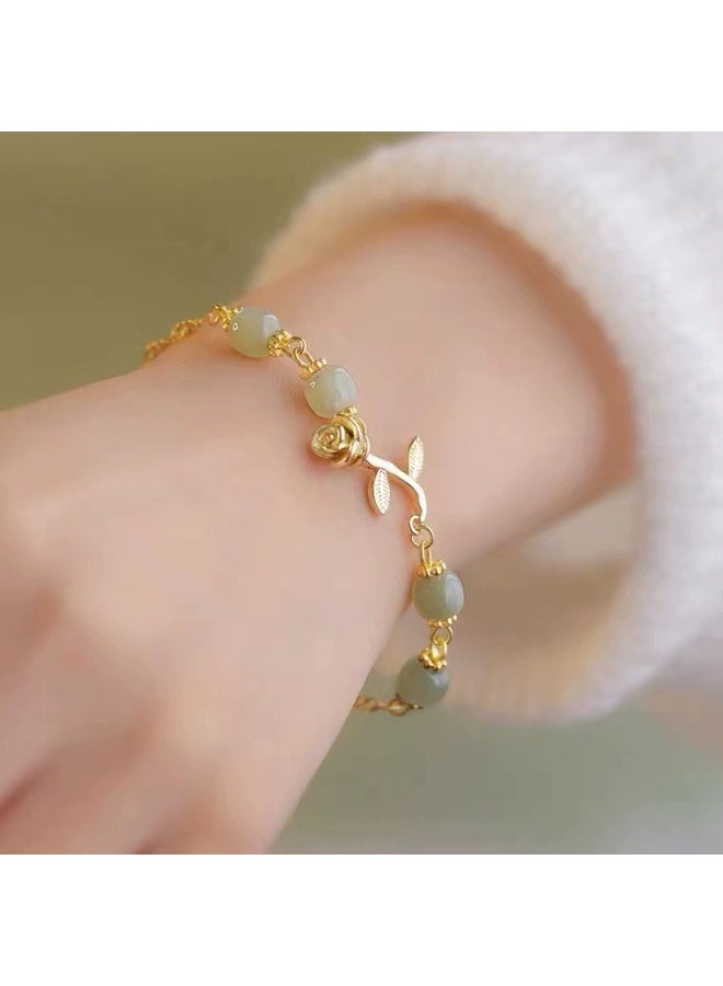Goolsky 1pc rose flower thin chain bracelet Adjustable Length Faux Jade Smooth Contrast Color Luxury Good Luck Bangle - Image 4