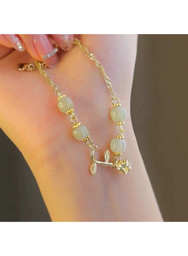 Goolsky 1pc rose flower thin chain bracelet Adjustable Length Faux Jade Smooth Contrast Color Luxury Good Luck Bangle - Image 5