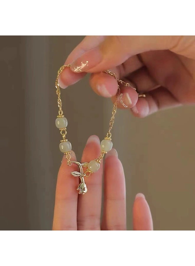 Goolsky 1pc rose flower thin chain bracelet Adjustable Length Faux Jade Smooth Contrast Color Luxury Good Luck Bangle - Image 2