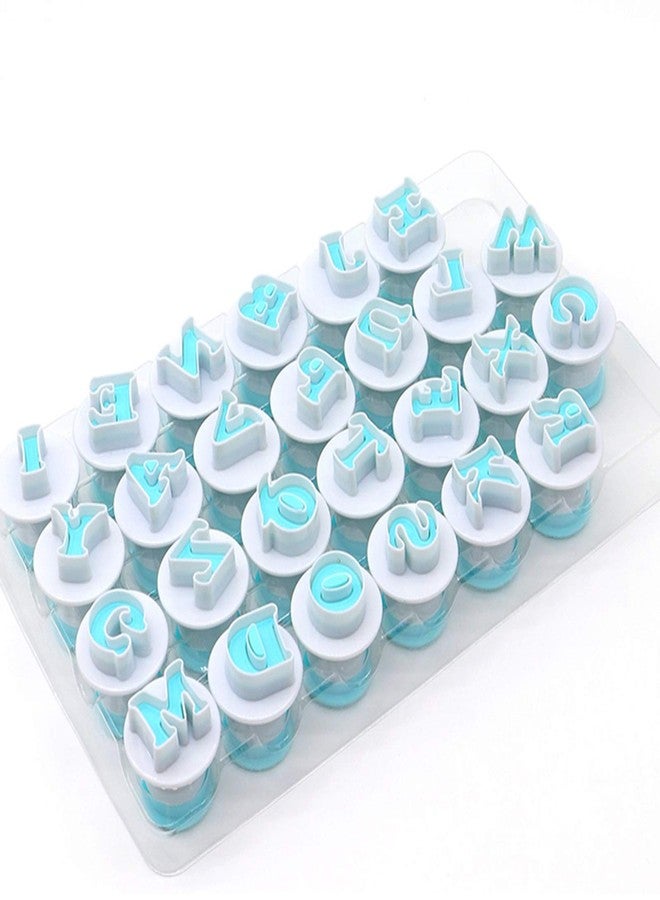 Comais Capital Letter Stamp Cookie Cutters Set of 26 pcs, Mini Uppercase Alphabet Spring Stamping Cutters Food Grade Plastic Direct Embossing Fondant Stamper Set for Cake Pastry Baking DIY (White & Blue) - Image 1