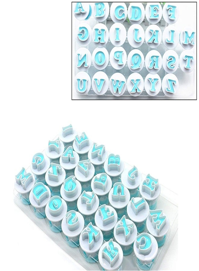 Comais Capital Letter Stamp Cookie Cutters Set of 26 pcs, Mini Uppercase Alphabet Spring Stamping Cutters Food Grade Plastic Direct Embossing Fondant Stamper Set for Cake Pastry Baking DIY (White & Blue) - Image 2
